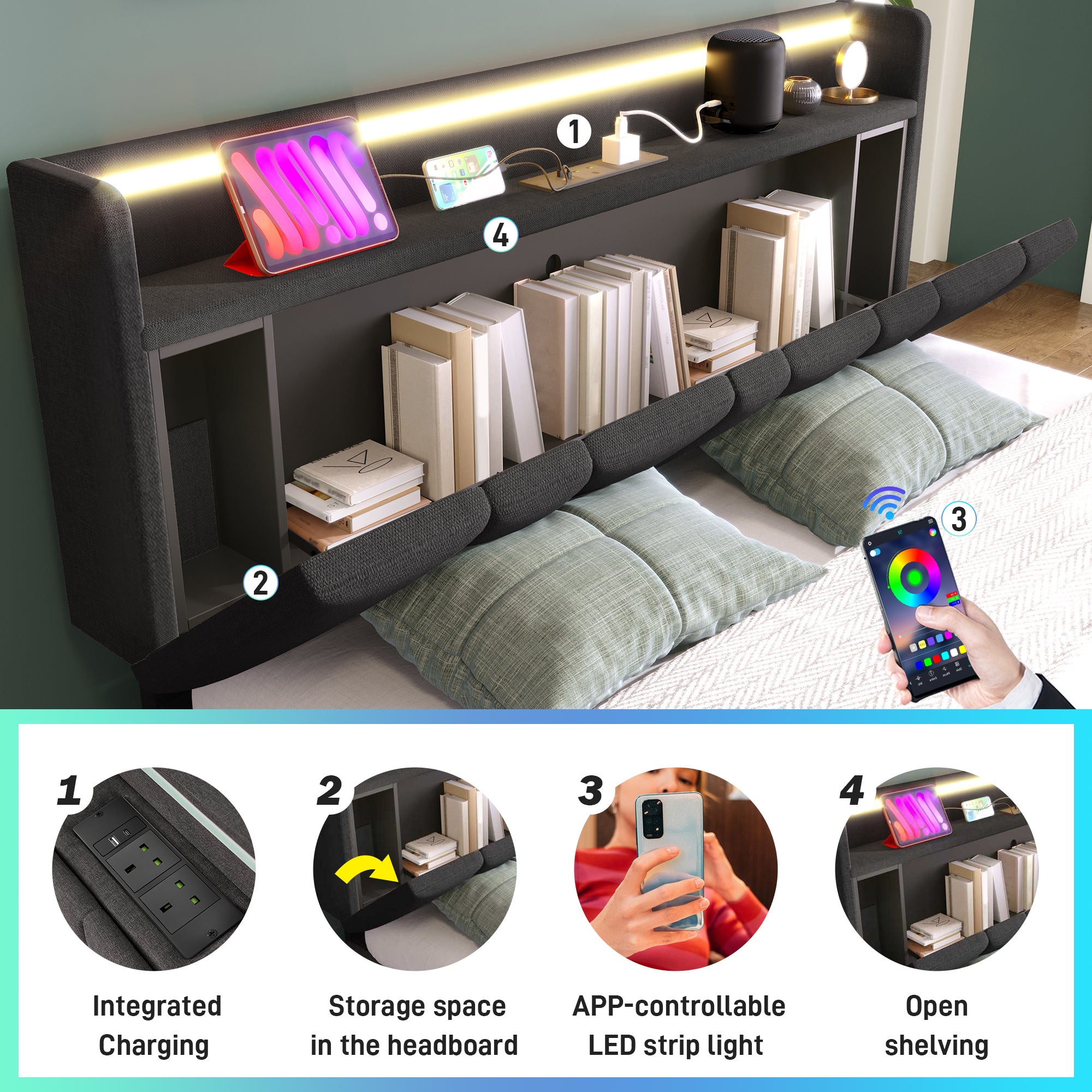 Upholstered Double Bed with USB Charging Function, Storage Headboard and LED Lighting, 5ft King Size Bed Storage Bed Frame (150 x 200 cm), Wooden Slatted Frame, Grey (No Mattress)