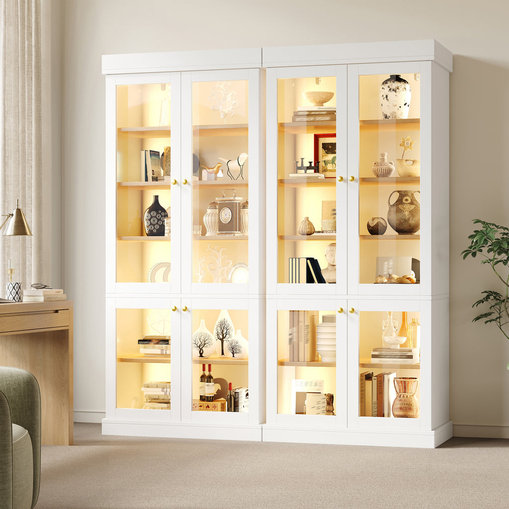 Modern freestanding cabinet with integrated LED mood lighting, glass display case, well-designed interior layout and anti-tip protection; stable, safe and versatile for the home; white.