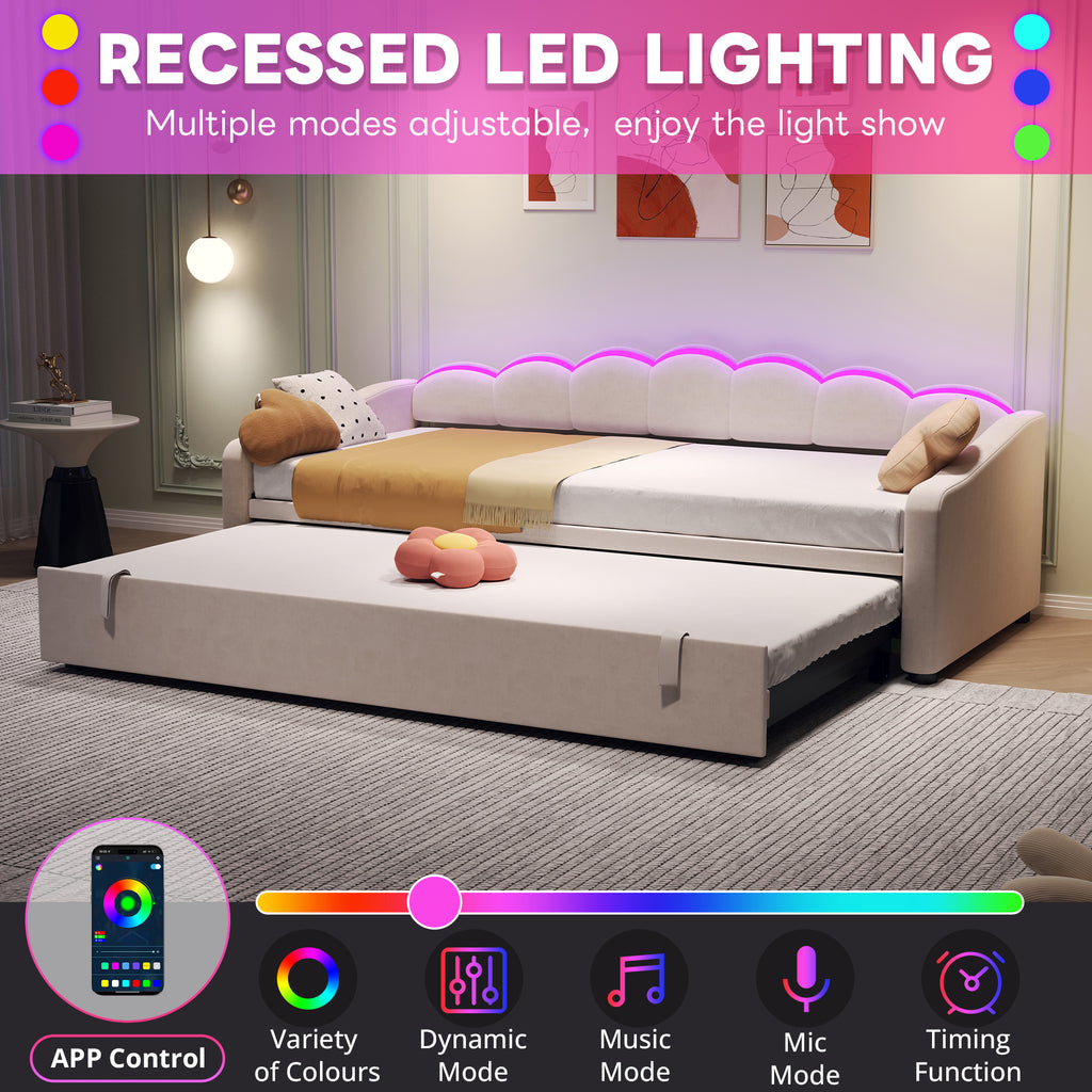 Upholstered Bed 90x190cm, Daybed, Sofa Bed with RGB LED Lighting, 3ft Petal Shape Single Bed with Trundle,Pull out Trundle Bed for Living Room/ Bedroom/ Study Room, Velvet, Beige (No Mattress)