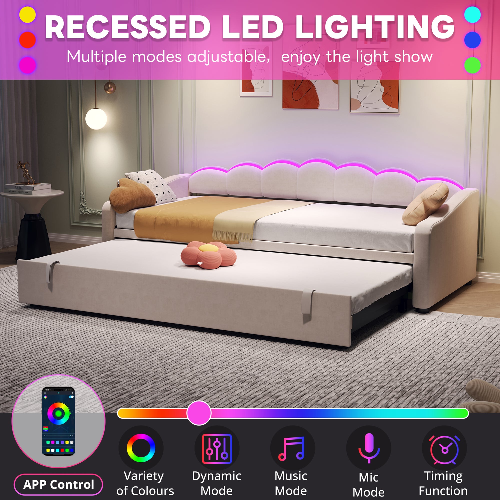 Upholstered Bed 90x190cm, Daybed, Sofa Bed with RGB LED Lighting, 3ft Petal Shape Single Bed with Trundle,Pull out Trundle Bed for Living Room/ Bedroom/ Study Room, Velvet, Beige (No Mattress)