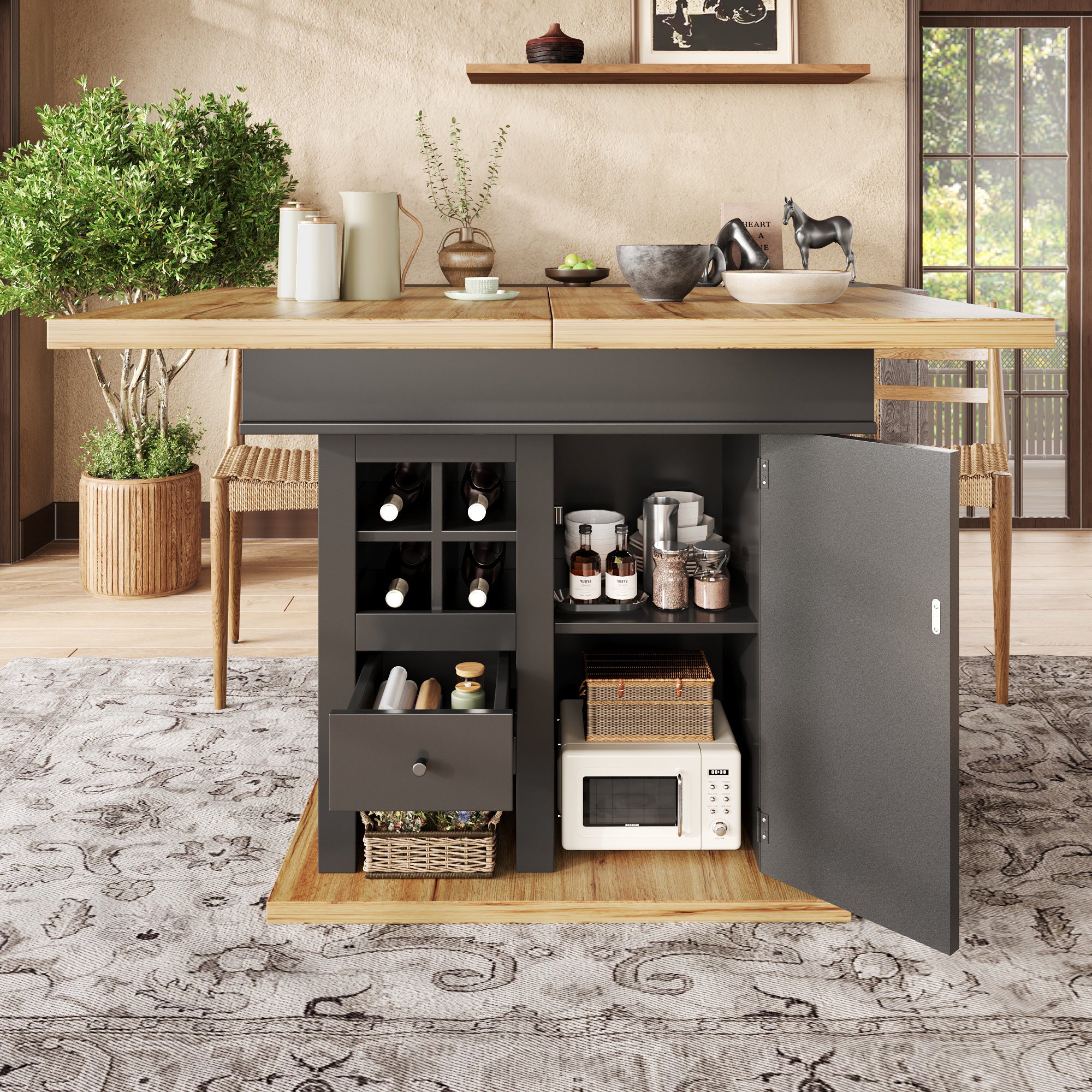 Telescopic dining table (110-140×80cm), foldable kitchen table for 4-6 people, extendable dining table, space-saving kitchen table, for kitchen and living room, dining table with wine rack and drawers