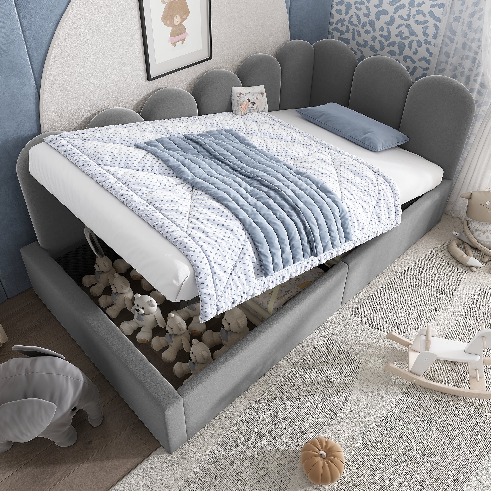 Upholstered Bed Daybed with Storage, 3FT Single Sofa Bed 90 x 190 cm, Daybed with Hydraulic Storage, Bed Frame with Metal Slatted Frame, Velvet, Grey (No Mattress)