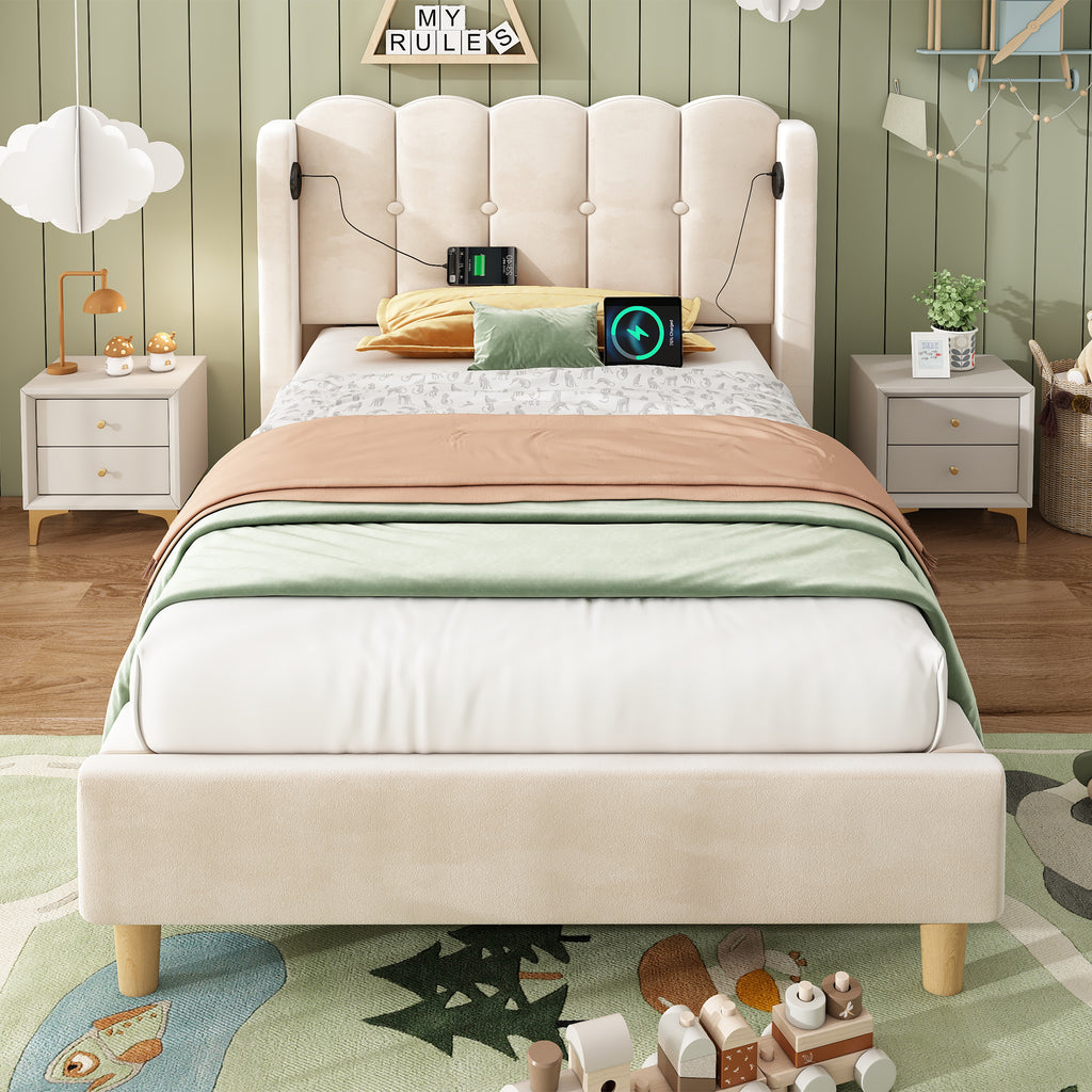Upholstered Single Bed with USB and Type-C Charging, 3FT Bed Frame with Wooden Slatted Frame, Teenager Bed for Bedroom & Guest Room, 90 x 190 cm, Beige, Velvet (No Mattress)