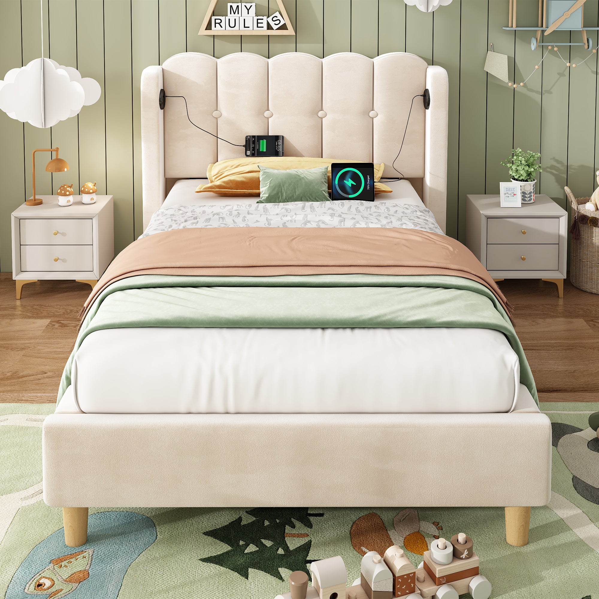 Upholstered Single Bed with USB and Type-C Charging, 3FT Bed Frame with Wooden Slatted Frame, Teenager Bed for Bedroom & Guest Room, 90 x 190 cm, Beige, Velvet (No Mattress)