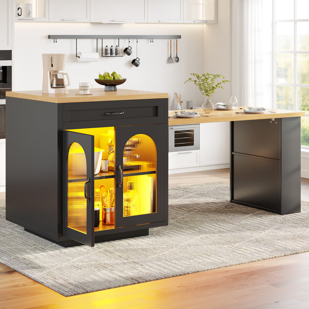 Extendable Kitchen Island with LED Lighting, Modern Storage Cabinet with 2 Drawers & Adjustable Shelves, Kitchen Sideboard with Fluted Glass Doors, MDF Kitchen Countertop for Dining Room