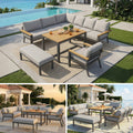 Eight-person L-shaped garden sofa set with wooden table / Weatherproof corner suite made of iron / Including armchair, bench & wooden worktop / With grey cushions