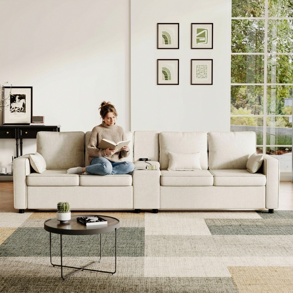 4-Seater Modern Sofa with Storage Console, Minimalist Style Couch with Side Pockets, Cup Holders and Charging Ports (USB & Type-C), for Living Room, Apartment, Office,Beige, Linen Fabric