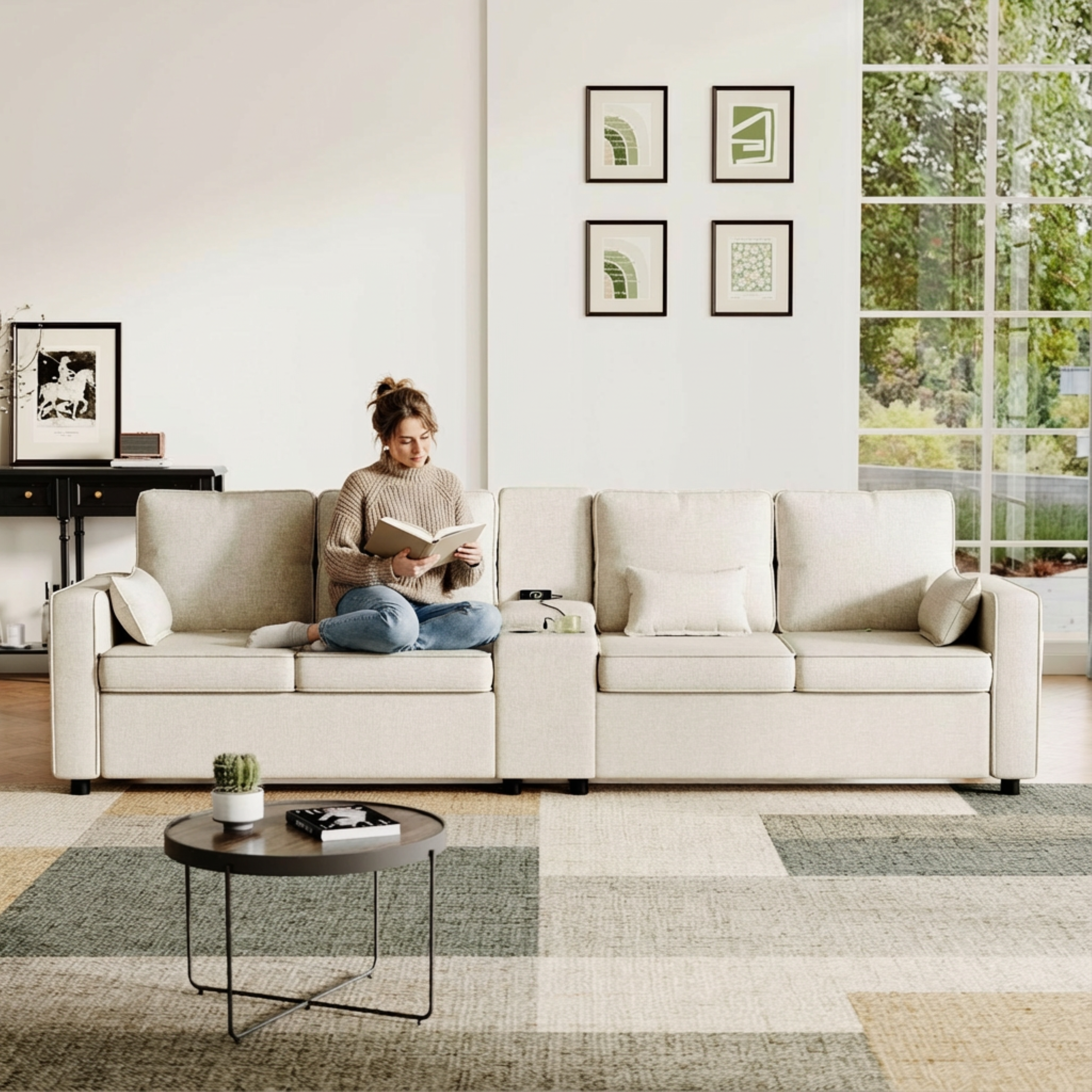 4-Seater Modern Sofa with Storage Console, Minimalist Style Couch with Side Pockets, Cup Holders and Charging Ports (USB & Type-C), for Living Room, Apartment, Office,Beige, Linen Fabric