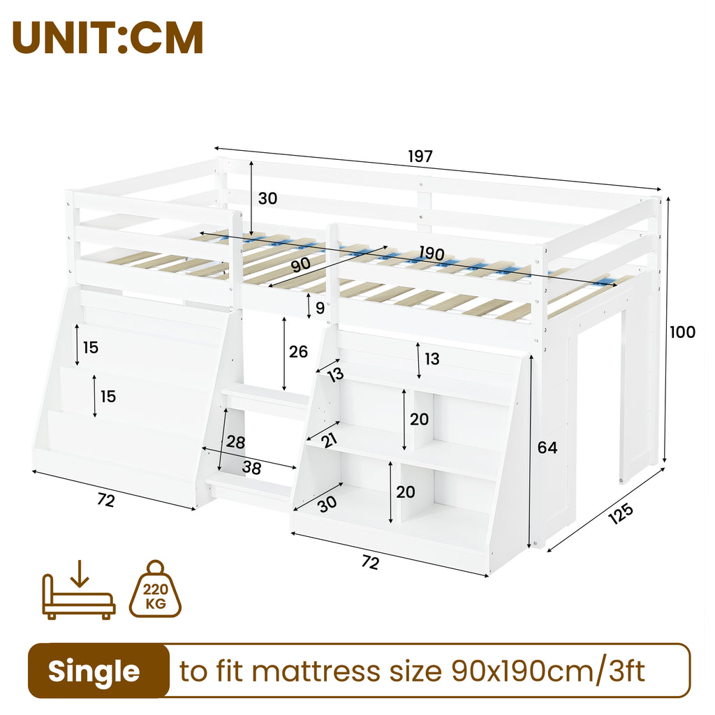 3ft Single Low Loft Bed with LED Light, Wooden Bed Frame with Stairs, Bookcase, Storage Shelf and Under-bed Play Space, Modern Bed with Safety Guardrail, Saving-space Design, White (No Mattress)