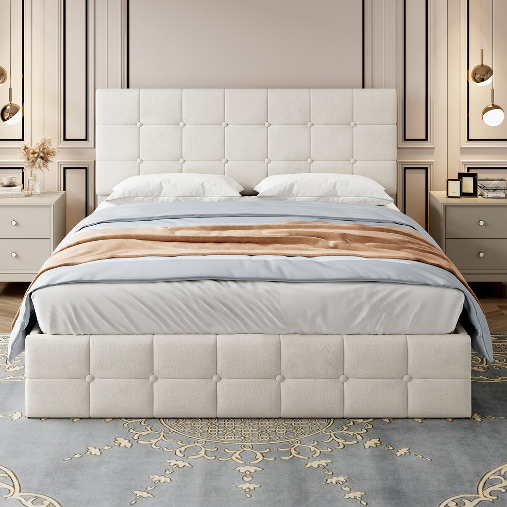 Double Upholstered Storage Bed Frame, Velvet Ottoman Bed with Hydraulic Storage, Double Bed with Adjustable Button Tufted Headboard, Metal-Wood Support, No Mattress, Beige
