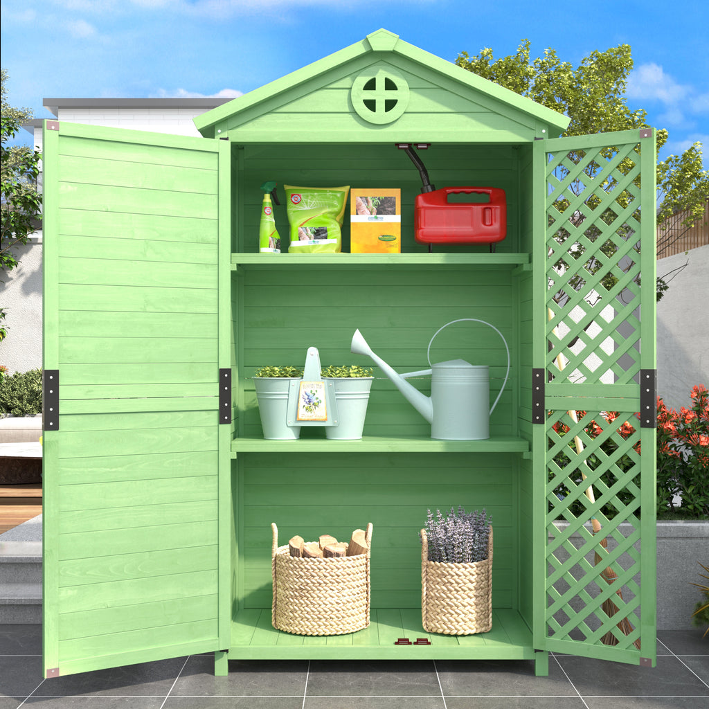 Outdoor Wood Garden Furniture Storage Shed, Tool House with Ventilation Slots for Backyard, Patio, Fade Free, All Weather Resistant, Safe and Secure, Zero Maintenance, Green
