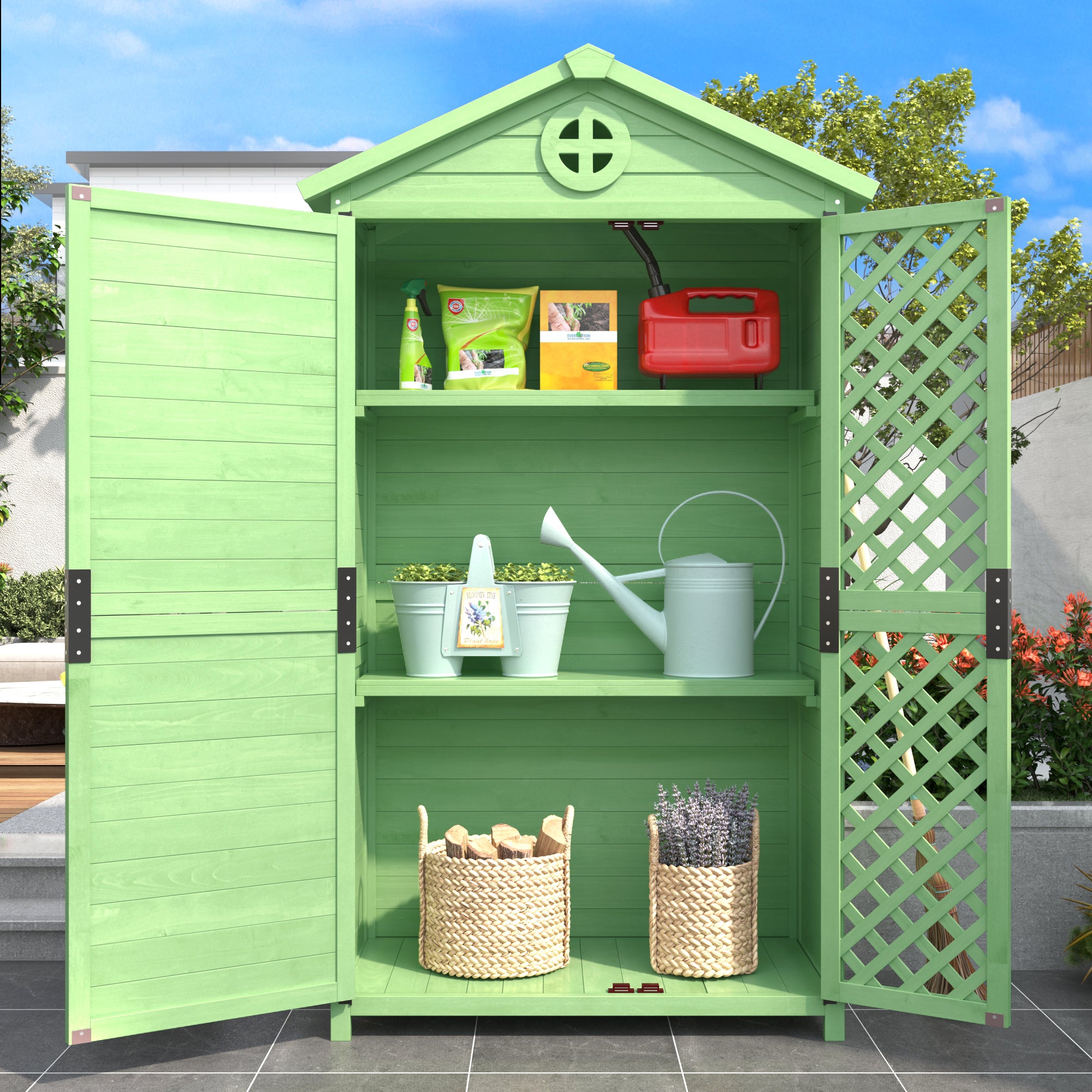 Outdoor Wood Garden Furniture Storage Shed, Tool House with Ventilation Slots for Backyard, Patio, Fade Free, All Weather Resistant, Safe and Secure, Zero Maintenance, Green