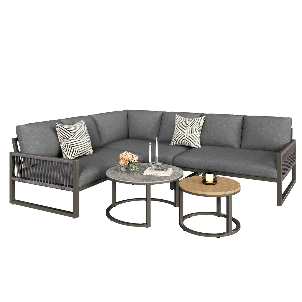 Outdoor garden lounge set, furniture set for 6-7 people, corner sofa with galvanized iron frame, adjustable legs, includes all seat and back cushions, grey