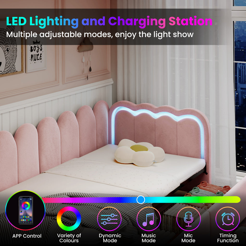 3ft Single Daybed with Smart RGB LED Lights and 2 Storage Drawers, Modern Velvet Youth Bed with Scalloped Backrest and Wooden Slats, Reversible Side Panel, Easy Assembly, Pink (No Mattress)