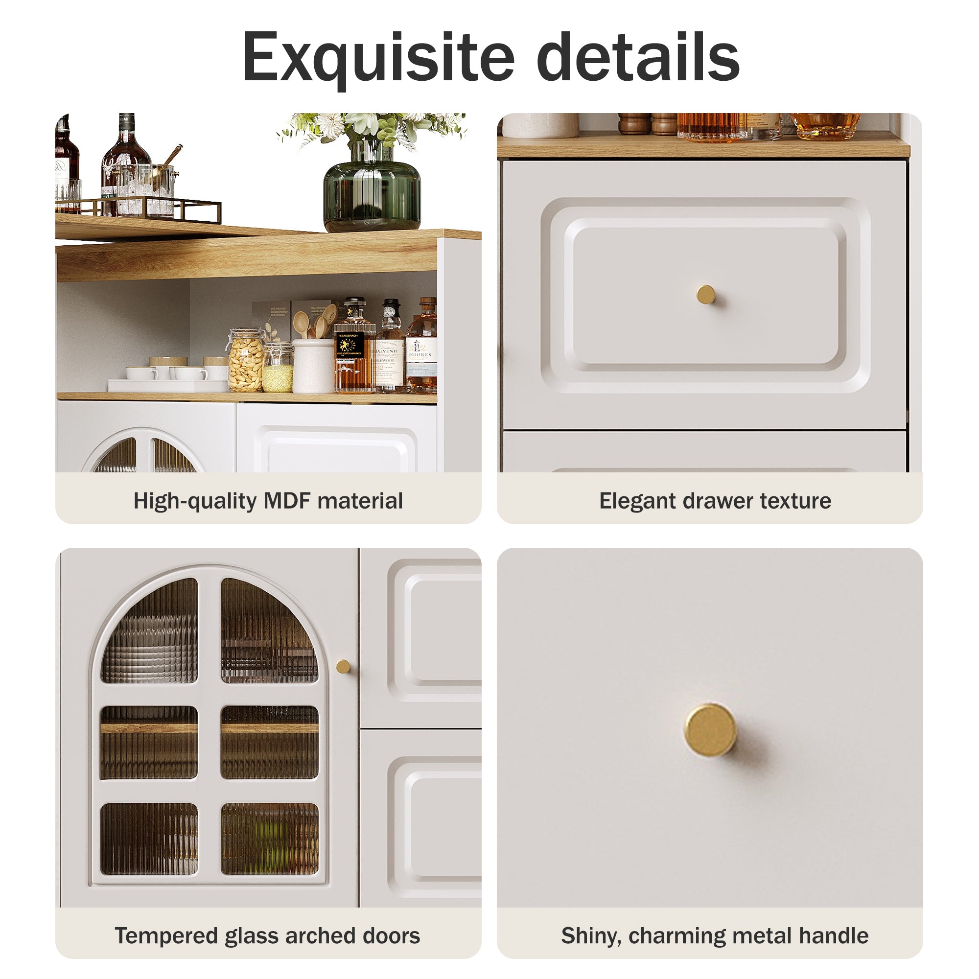 Rotating sideboard, suitable for bedrooms, living rooms, dining rooms, 2 drawers, snack shelf, open storage compartment, rotating sideboard cabinet with shelves and curved glass, white