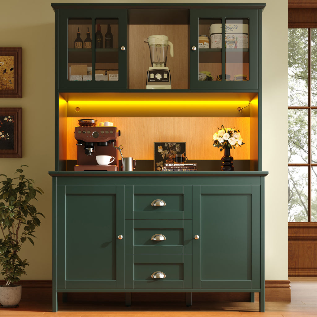 Sideboard, Storage Cabinet, Kitchen Cabinet, Tall Sideboard with LED Lighting, 120x40x179 cm, 4 Doors & 3 Drawers, Black/Green