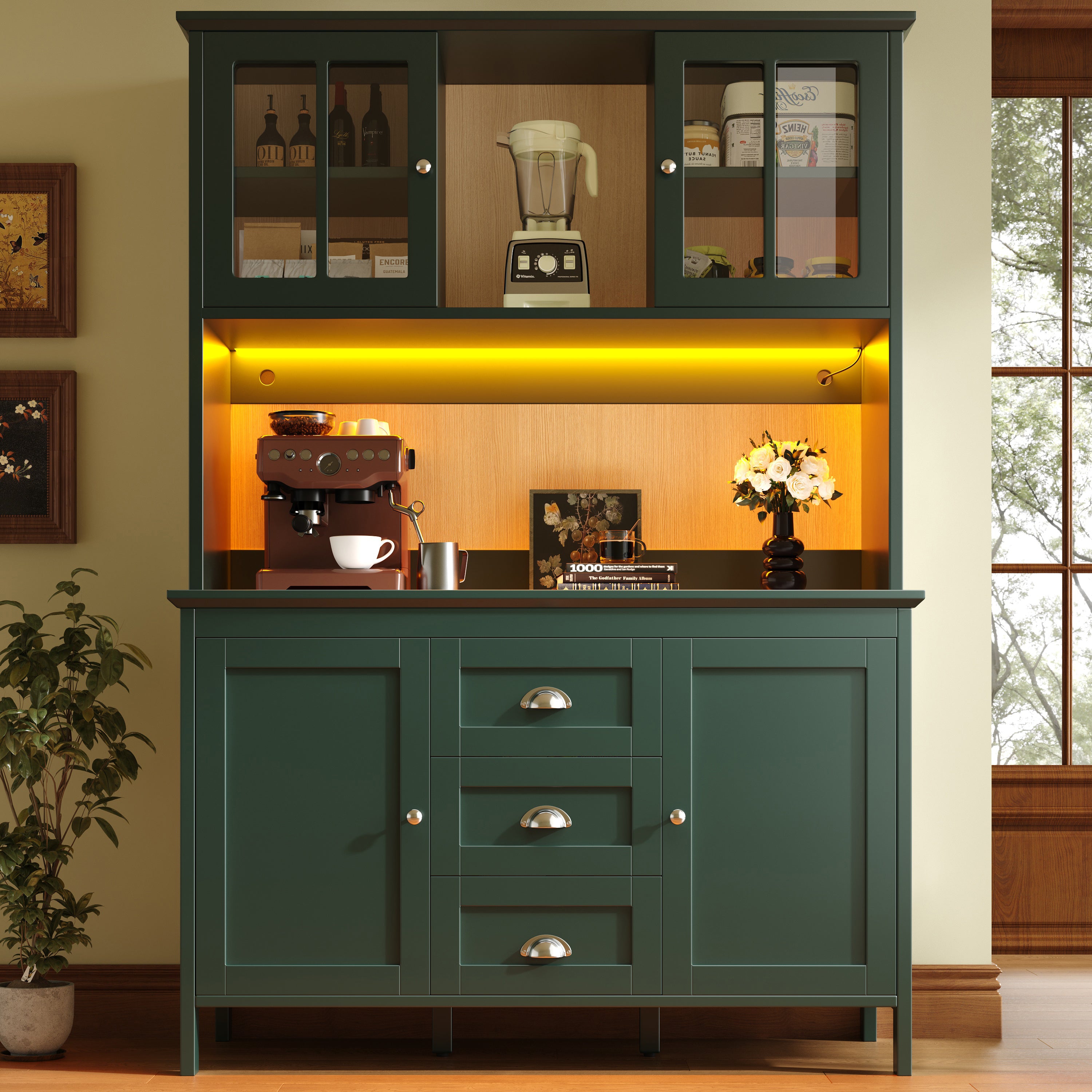 Sideboard, Storage Cabinet, Kitchen Cabinet, Tall Sideboard with LED Lighting, 120x40x179 cm, 4 Doors & 3 Drawers, Black/Green