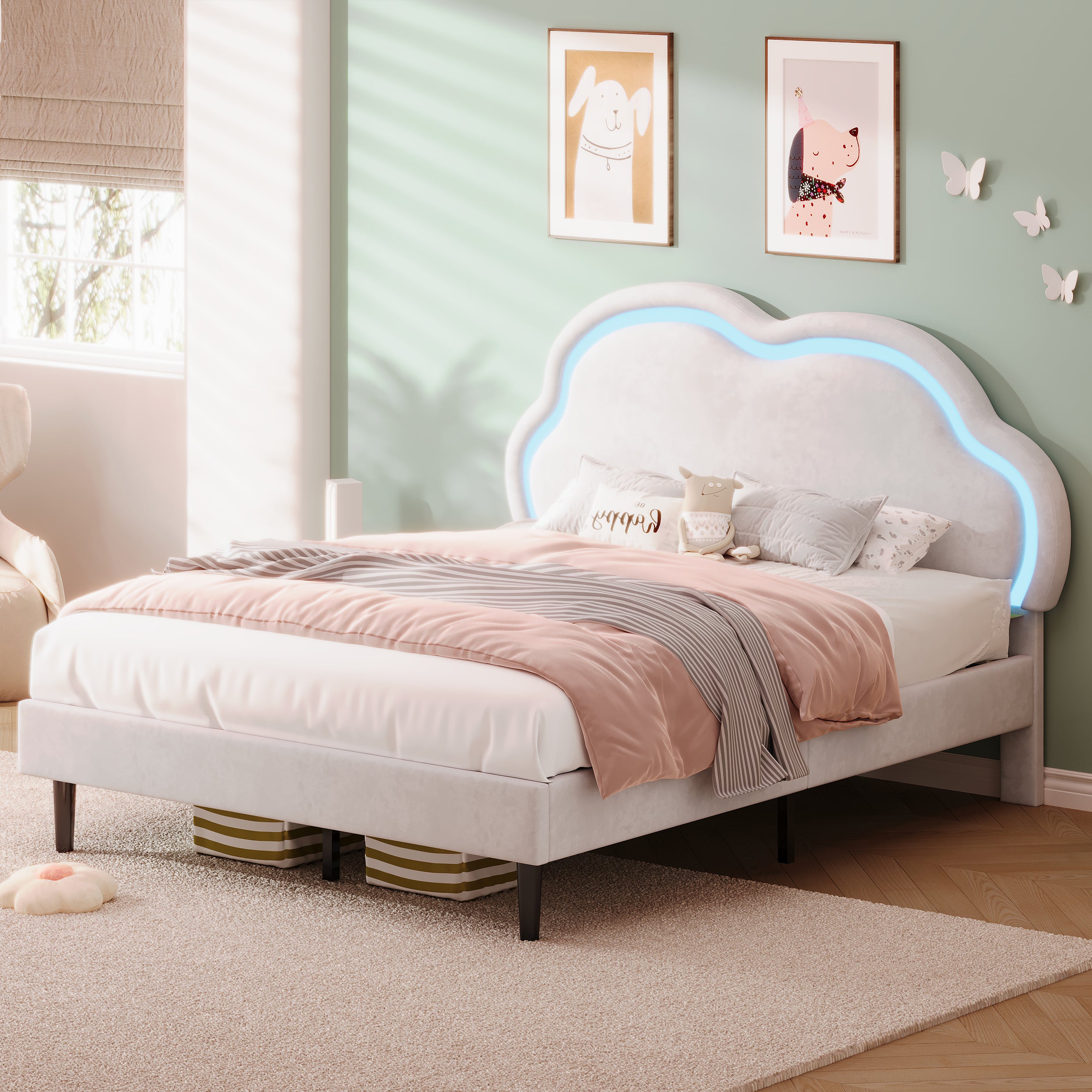 4ft6 Double Upholstered Bed with LED Adjustable Cute Cloud Headboard, Soft Velvet Bed Frame with Solid Wood Slat, No Box Spring Needed, Easy Assembly, Cream White (No Mattress)