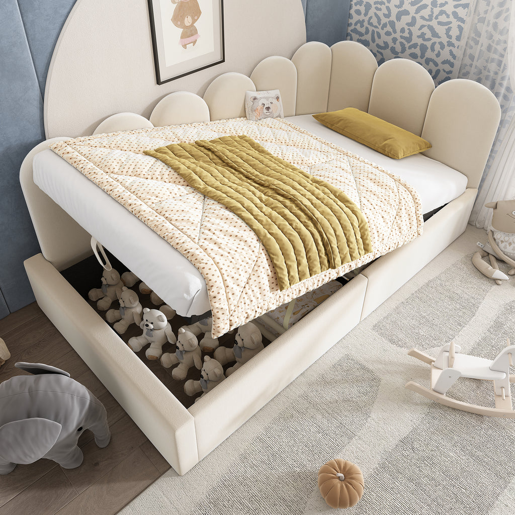 Upholstered Bed Daybed with Storage, 3FT Single Sofa Bed 90 x 190 cm, Daybed with Hydraulic Storage, Bed Frame with Metal Slatted Frame, Velvet, Beige (No Mattress)