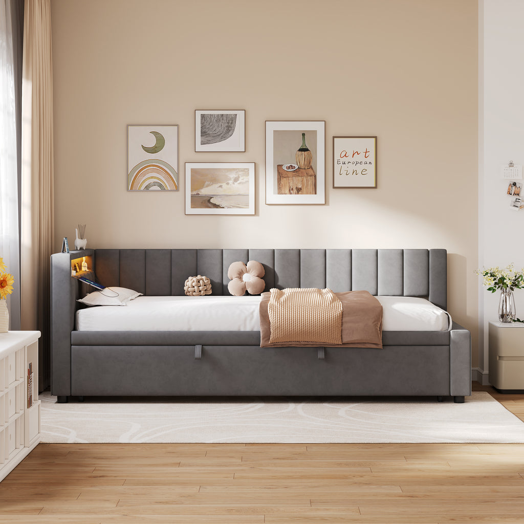 3ft Single Velvet Daybed, Sofa Bed with RGB LED Lights and Charging Station, Upholstered Sofa Bed with Trundle, Pull out Trundle Bed for Living Room, Bedroom or Study, Grey (No Mattress)
