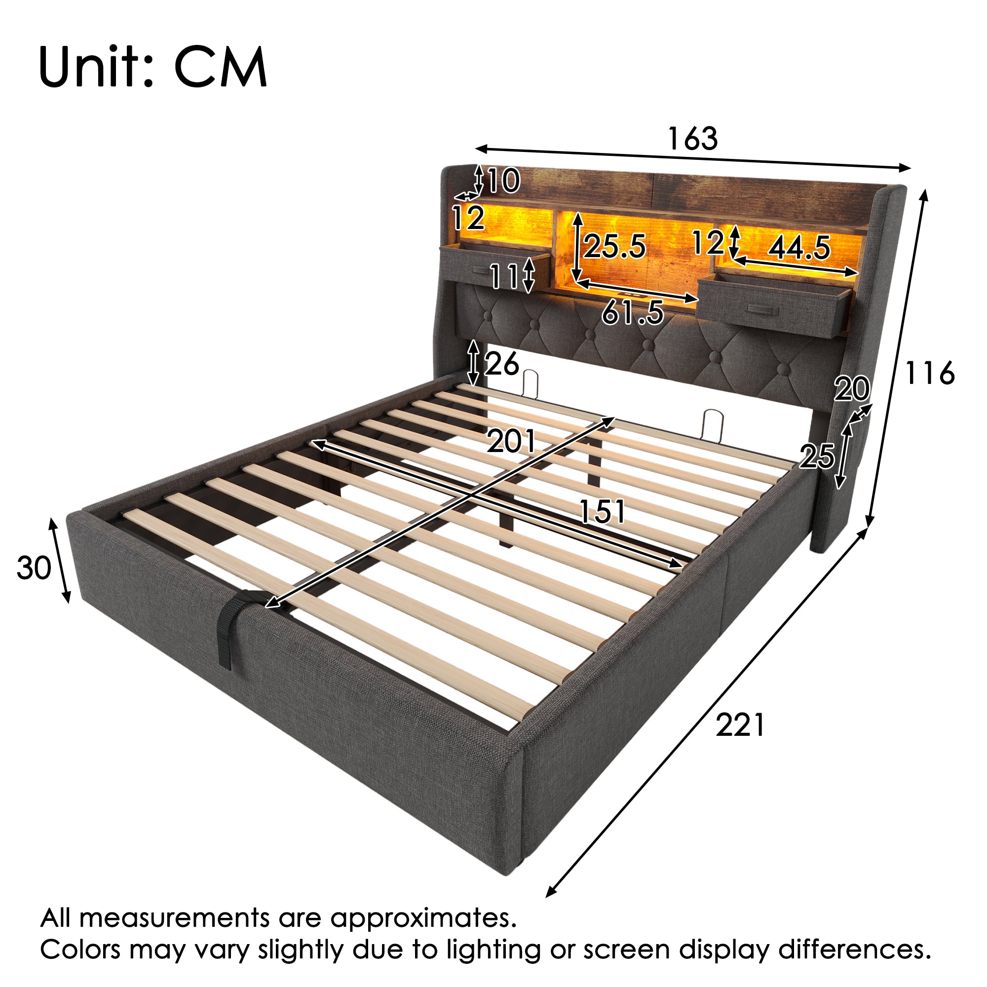 Upholstered King Bed 5ft Hydraulic Bed with LED Lighting, USB Type-C Charging, Storage Headboard for Cellphones & Tablets, 150 x 200 cm King Bed with Metal Slatted Frame, Linen, Grey (No Mattress)