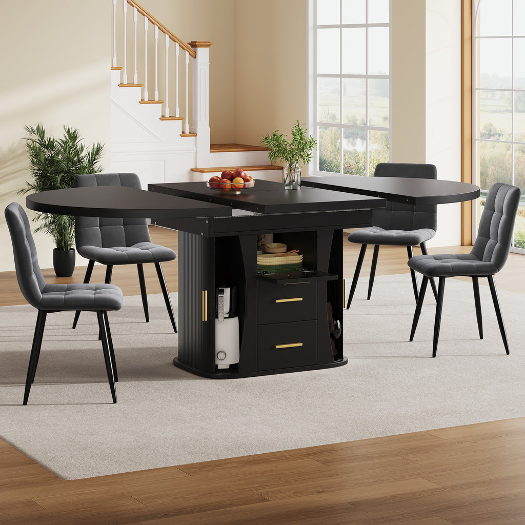 Extendable dining table, dining room table, kitchen table, round dining table, extends to oval, 118-158 cm, seats up to 6 people, three-tier storage, black