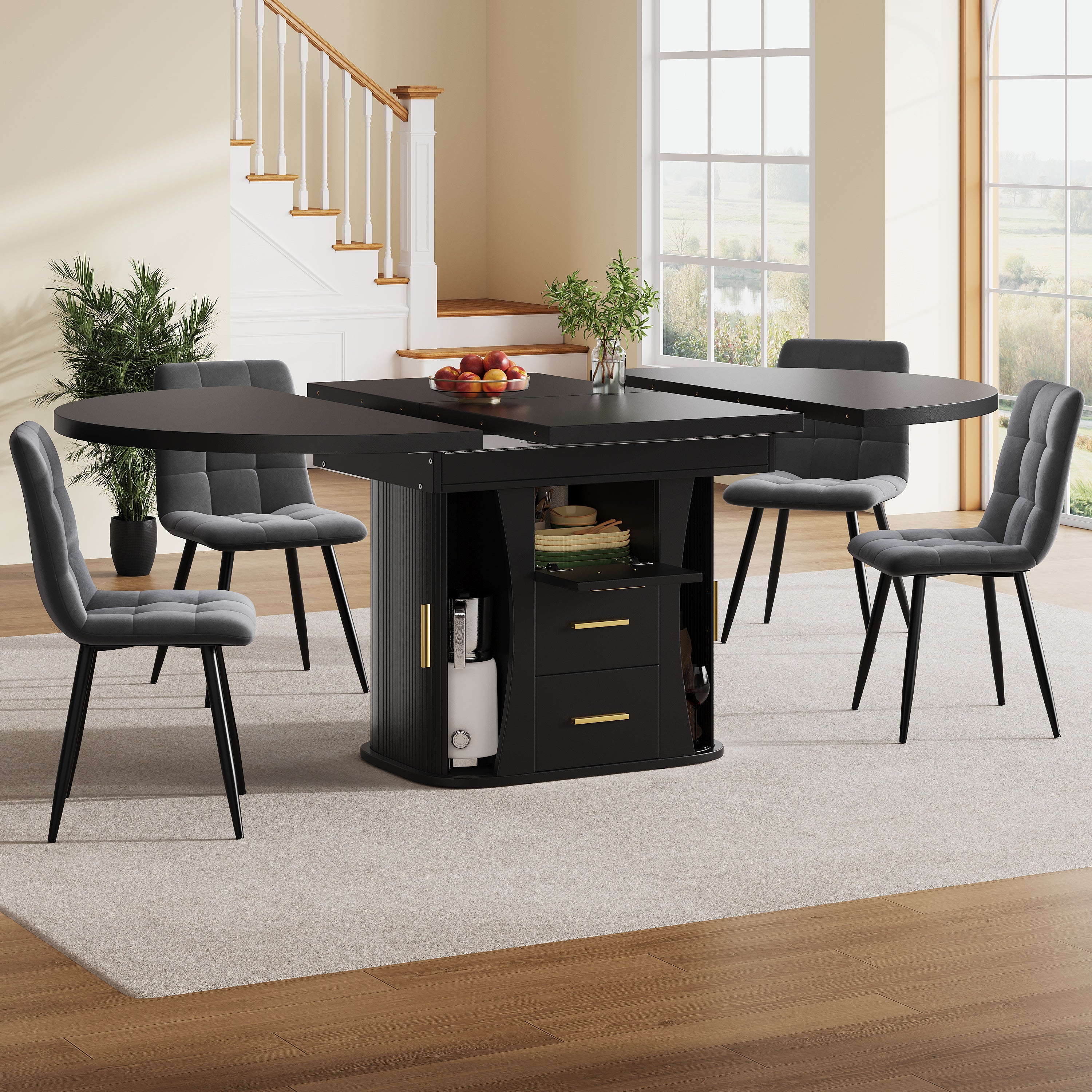 Extendable dining table, dining room table, kitchen table, round dining table, extends to oval, 118-158 cm, seats up to 6 people, three-tier storage, black