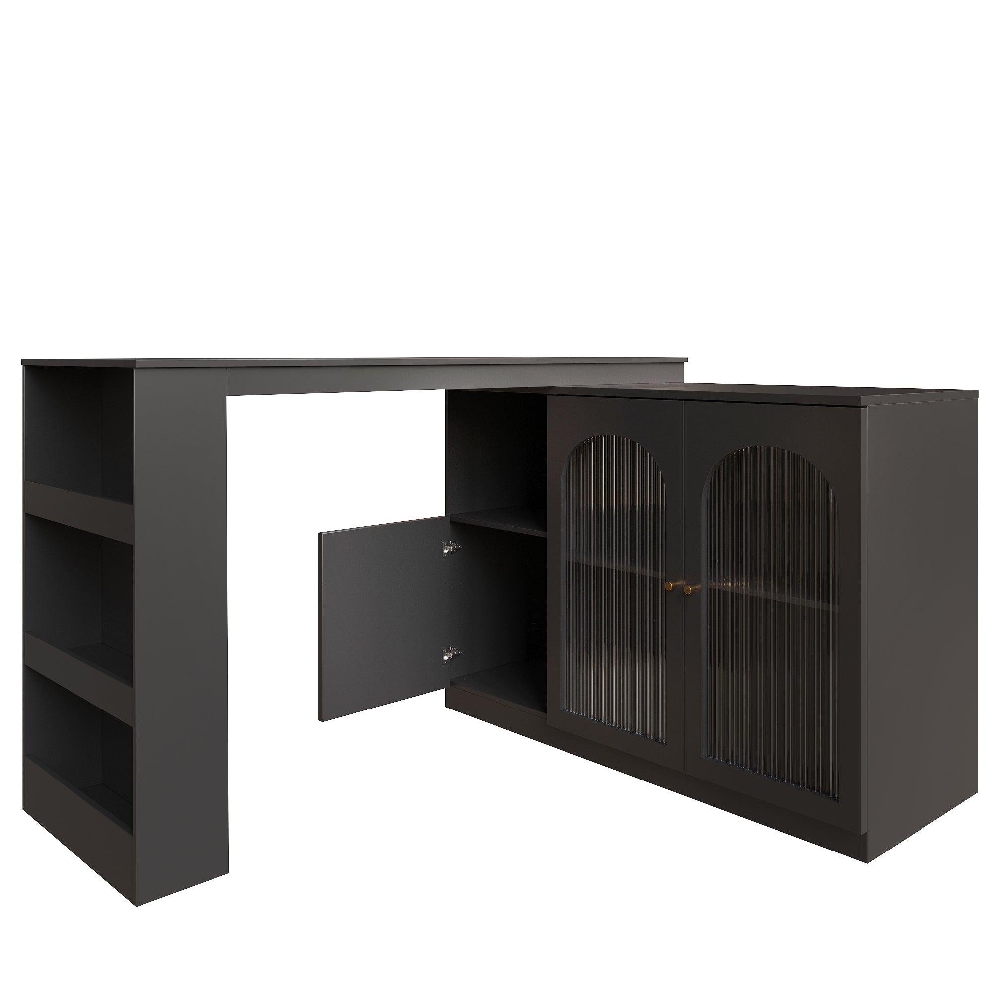 360° rotating bar table (main body 120 x 40 x 97 cm), modern and simple black rotating dining and bar cabinet, multifunctional storage cabinet with glass door