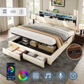 5ft King Upholstered Bed Frame with Hydraulic and Drawers Storage, LED Adjustable Headboard with Charging Station and Concealed Headboard Storage, Linen, No Box Spring Needed, Beige (No Mattress)