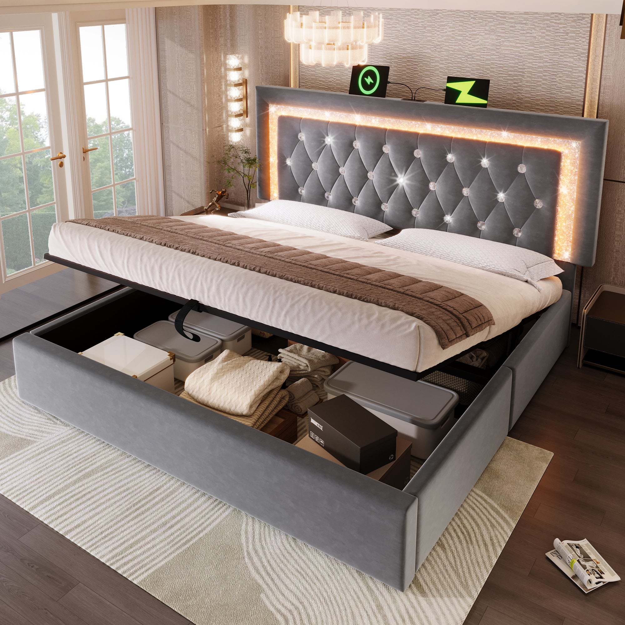 Upholstered King Size Bed 150 x 200 cm with LED Lighting, USB Type-C Charging, 5ft Hydraulic Storage Bed with Adjustable Diamond Tufted Headboard, Velvet, Grey (No Mattress)