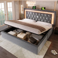 Upholstered Double Bed 135 x 190 cm with LED Lighting, USB Type-C Charging, 4ft6 Hydraulic Storage Bed with Adjustable Diamond Tufted Headboard, Velvet, Grey (No Mattress)