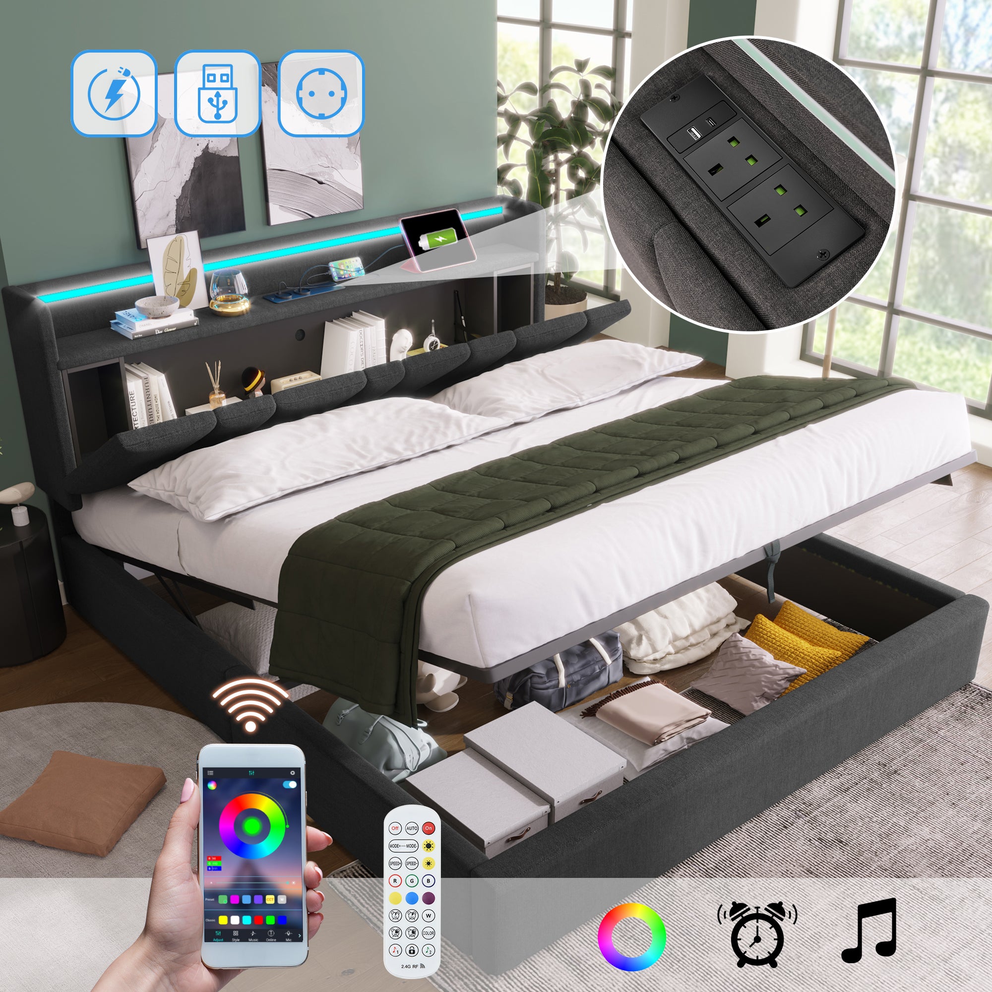Upholstered Double Bed with USB charging function, storage headboard and LED lighting, 4ft6 Double Bed storage bed frame(135x190cm), Wooden Slatted Frame, Grey (Without Mattress)