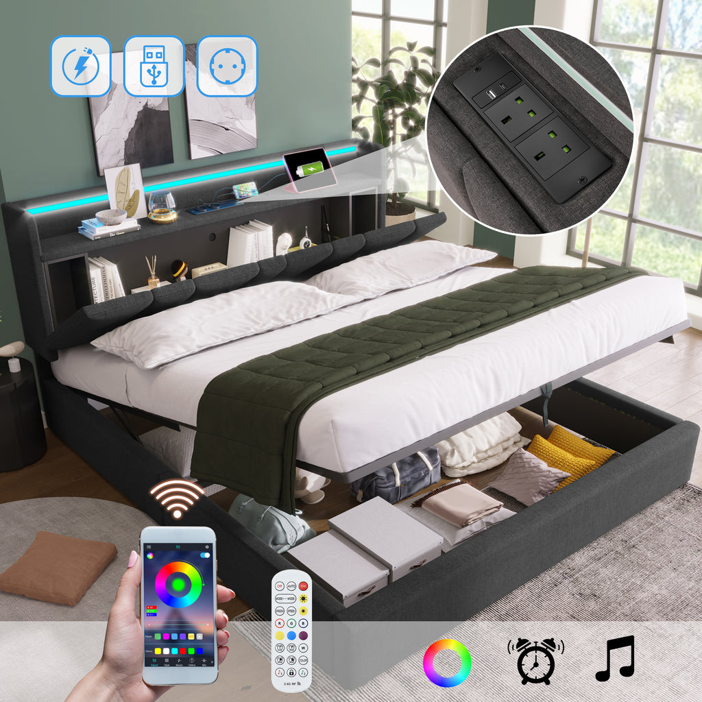 Upholstered Double Bed with USB Charging Function, Storage Headboard and LED Lighting, 5ft King Size Bed Storage Bed Frame (150 x 200 cm), Wooden Slatted Frame, Grey (No Mattress)