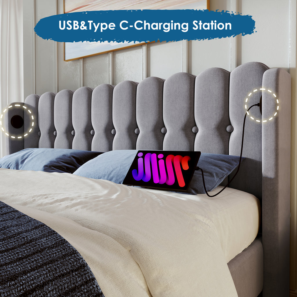 Upholstered Double Bed with USB and Type-C Charging, Bed Frame with Wooden Slatted Frame, Teenager Bed for Bedroom & Guest Room,4ft6 135 x 190 cm Bed Frame, Grey, Linen Material (No Mattress) .