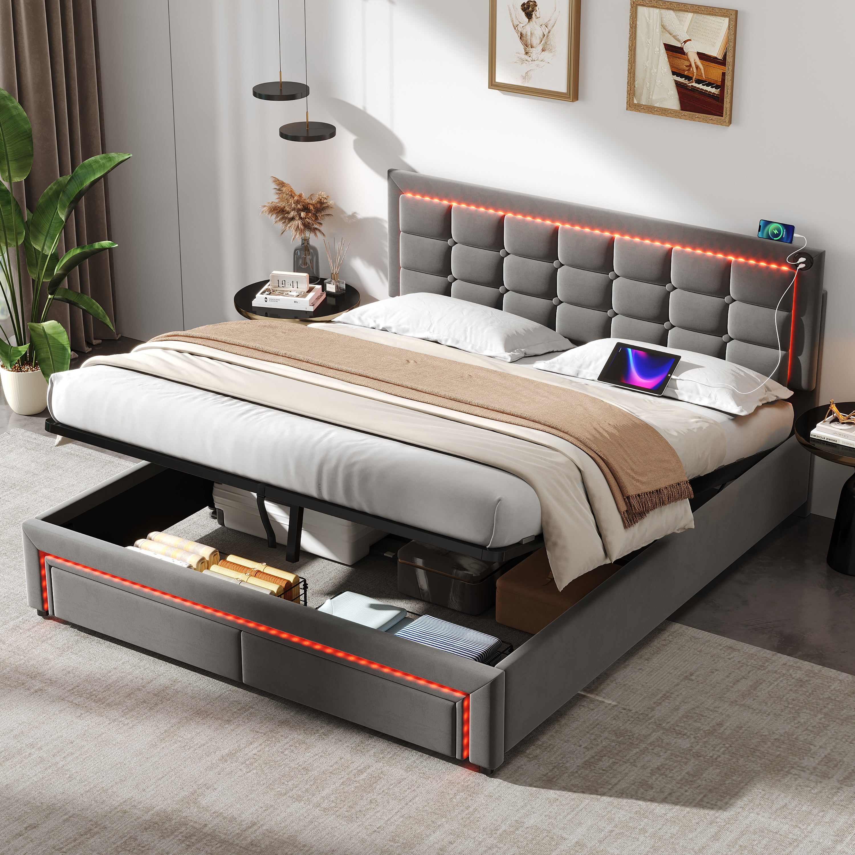 5ft King Upholstered Bed Frame with Hydraulic and Drawers Storage, LED Adjustable Button Tufted Headboard with Charging Station, Velvet Hydraulic Bed with RGB LED Lighting, Grey (No Mattress)