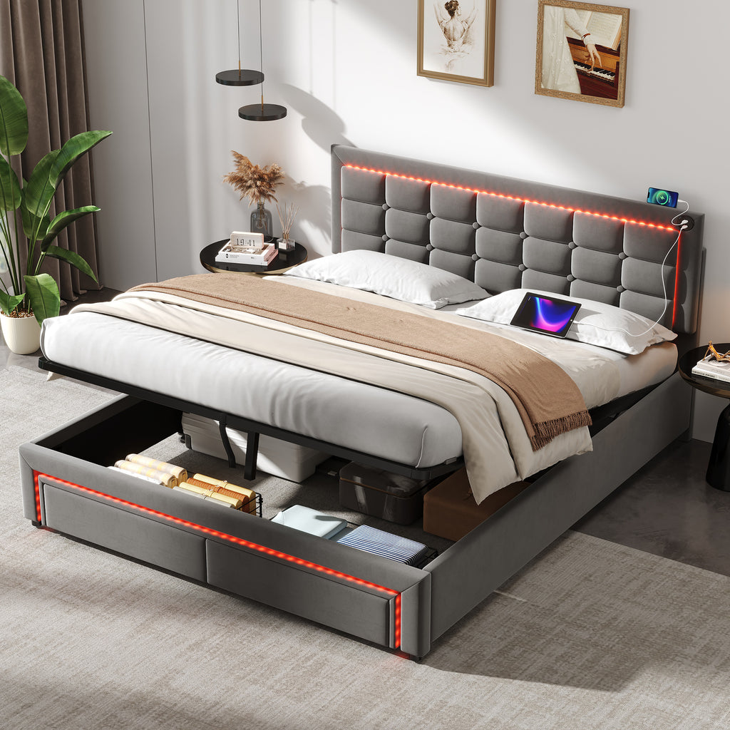 4ft6 Double Upholstered Bed Frame with Hydraulic and Drawers Storage, LED Adjustable Button Tufted Headboard with Charging Station, Velvet Hydraulic Bed with RGB LED Lighting, Grey (No Mattress)