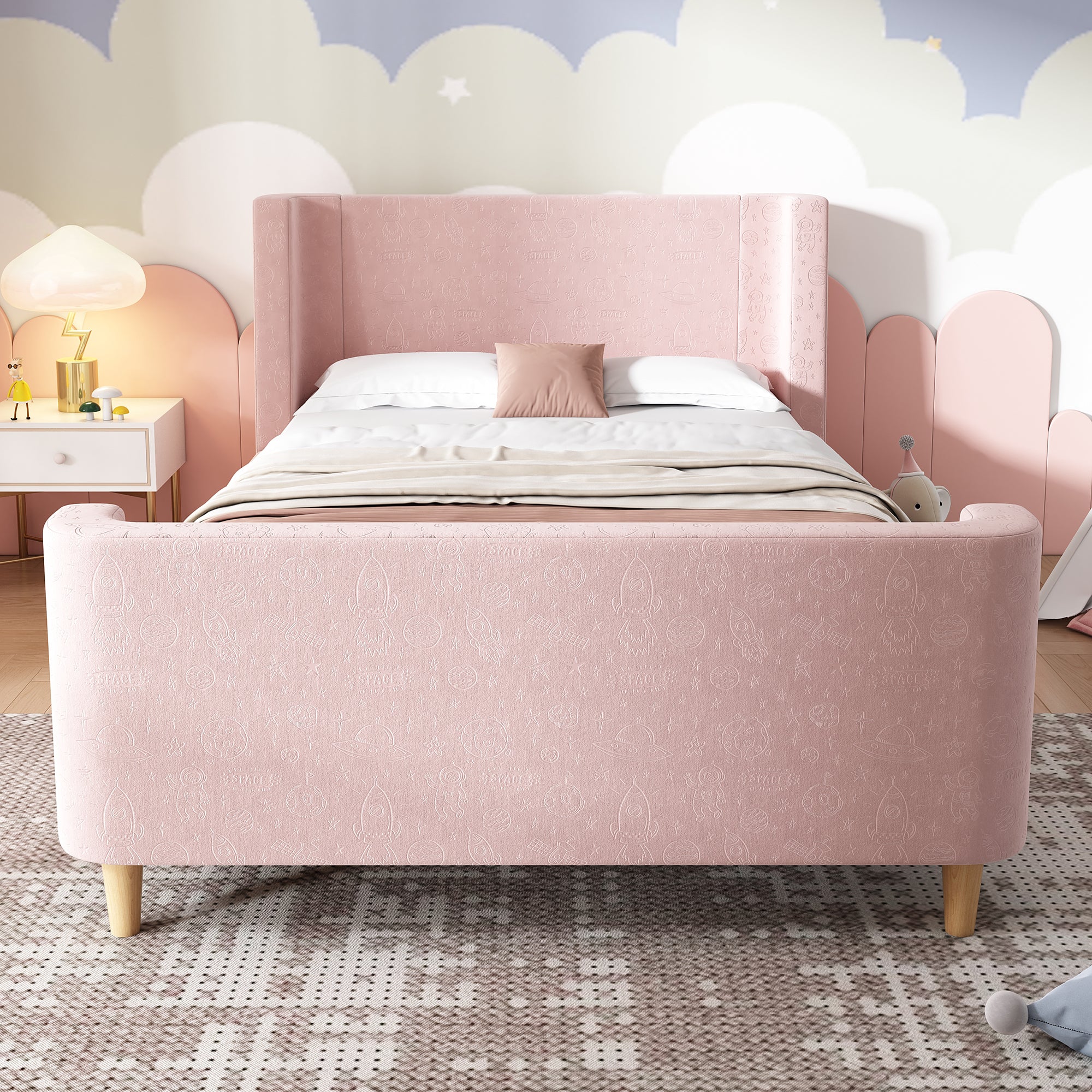 3FT Upholstered Bed, 90 x 190 cm Single Bed with Cosmic Pattern, Sleigh-style Teen Bed, Bed Frame for Boys and Girls, Pink, Velvet (Without Mattress)