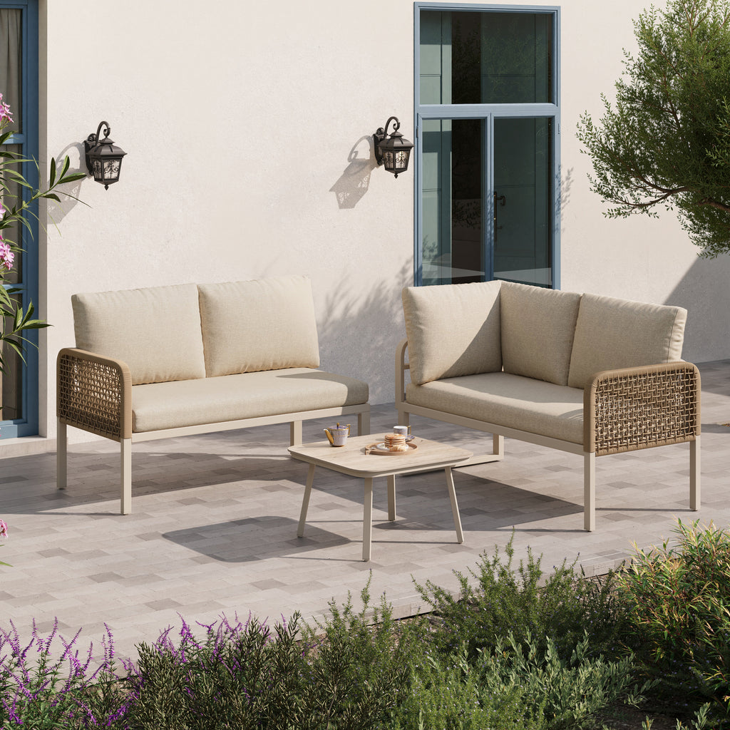 Garden Set with Wood-look Tempered Glass Table, Convertible 4 Seater Polyester Rope Conversation Set with Sofa and Armchairs, Weatherproof Outdoor Patio Corner Sofa for Balcony and Terrace,Beige