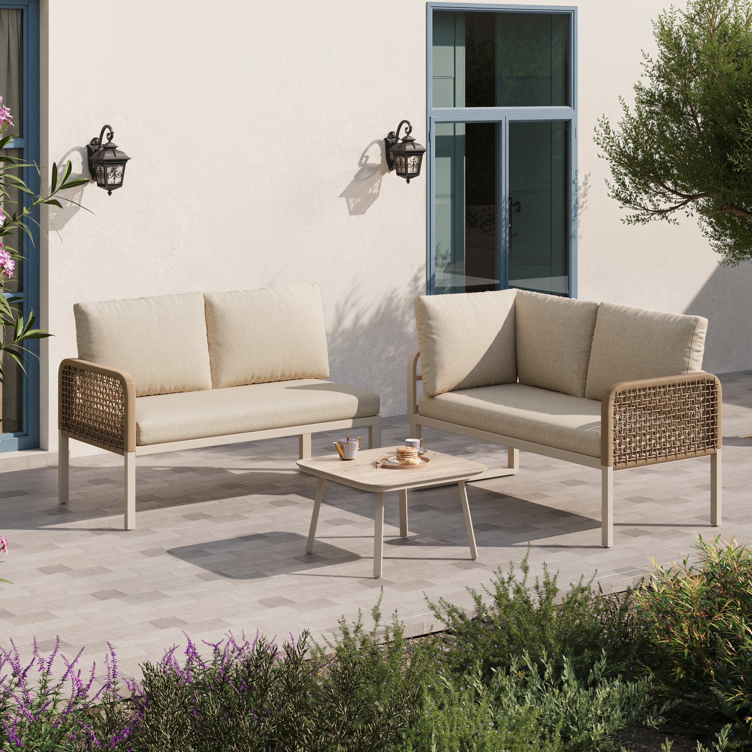 Garden Set with Wood-look Tempered Glass Table, Convertible 4 Seater Polyester Rope Conversation Set with Sofa and Armchairs, Weatherproof Outdoor Patio Corner Sofa for Balcony and Terrace,Beige