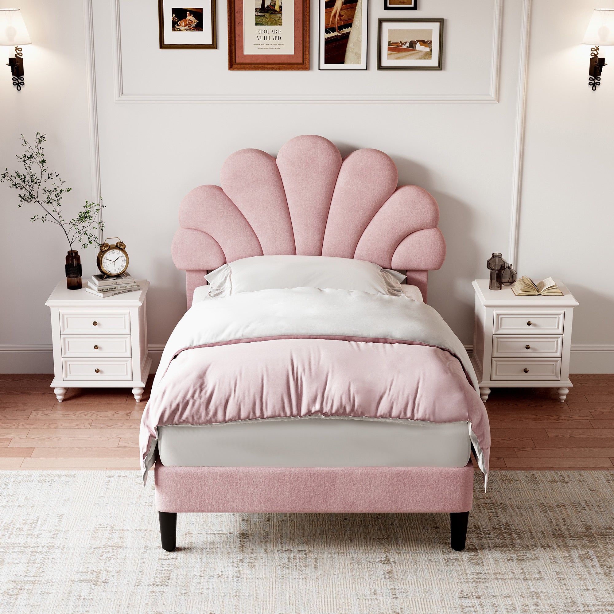 3ft Single Upholstered Velvet Bed Frame, with Adjustable Chic Petal Headboard, Velvet Platform Bed Frame with Solid Wood Slat, No Box Spring Needed, Easy Assembly, Pink
