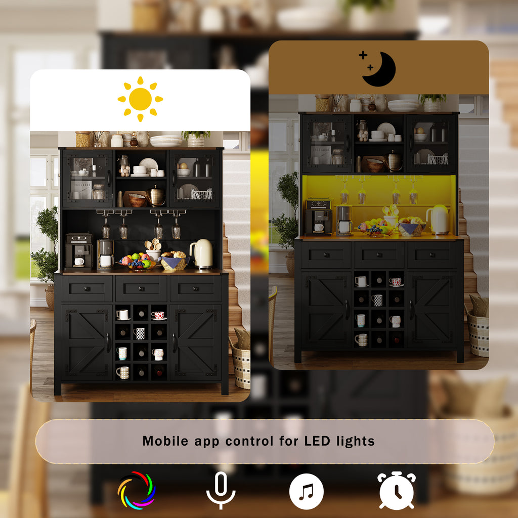 Tall Kitchen Cabinet with 4 Doors & 3 Drawers, USB Ports & Power Outlets, LED Light Strip, Modern Storage Sideboard, Side Cabinet for Kitchen & Living Room, 120 x 40 x 170 cm, Black