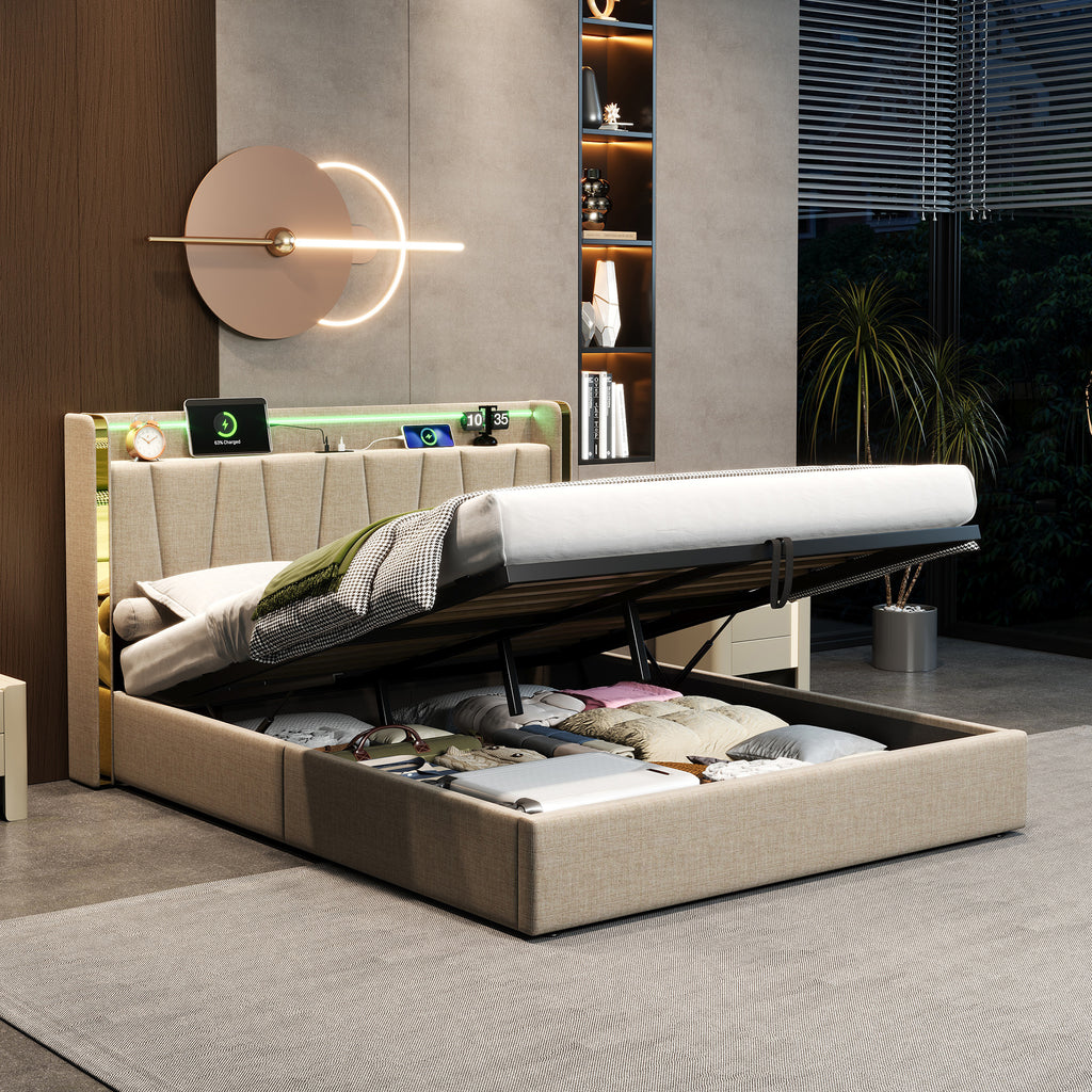 4ft6 Double Upholstered Bed Frame with Hydraulic Storage,  LED Headboard with Charging Station and Chrome Trim, USB and Type - C Ports, Linen, No Box Spring Needed, Beige (No Mattress)