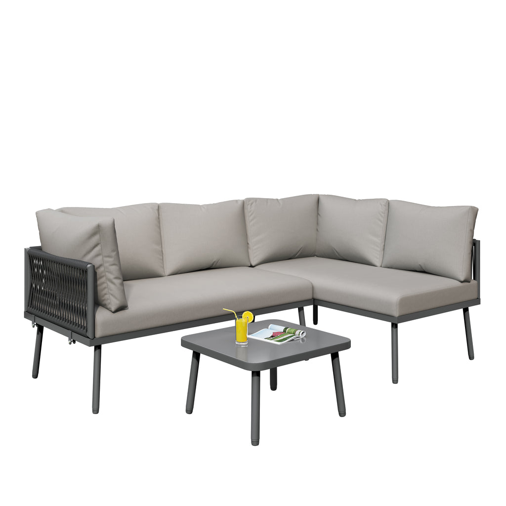 Outdoor Patio&Backyard Furniture Garden Lounge Set for 4-5 people, Thick Quality Space Saving L-Shaped Corner Sofa with Glass Coffee Table, Grey