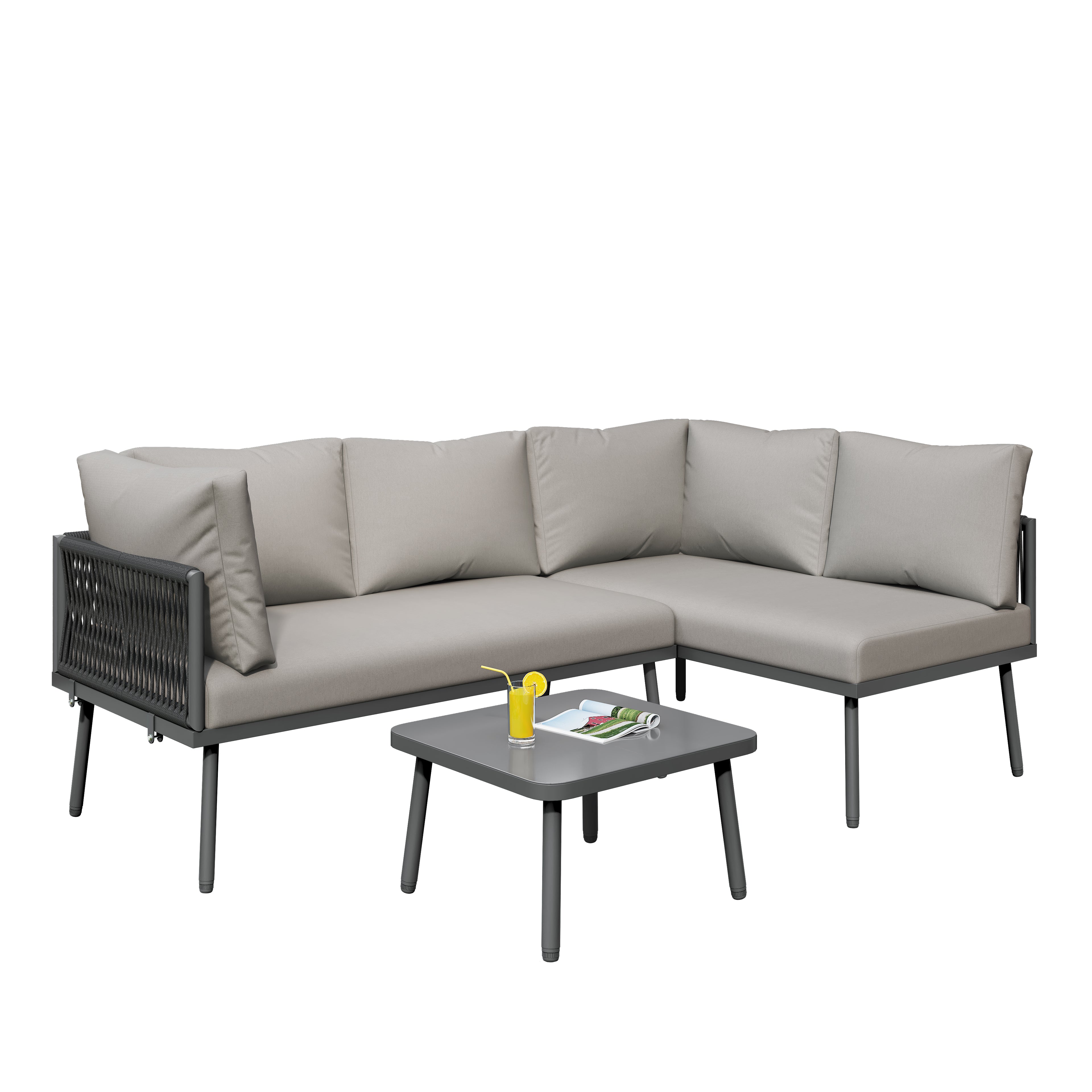 Outdoor Patio&Backyard Furniture Garden Lounge Set for 4-5 people, Thick Quality Space Saving L-Shaped Corner Sofa with Glass Coffee Table, Grey