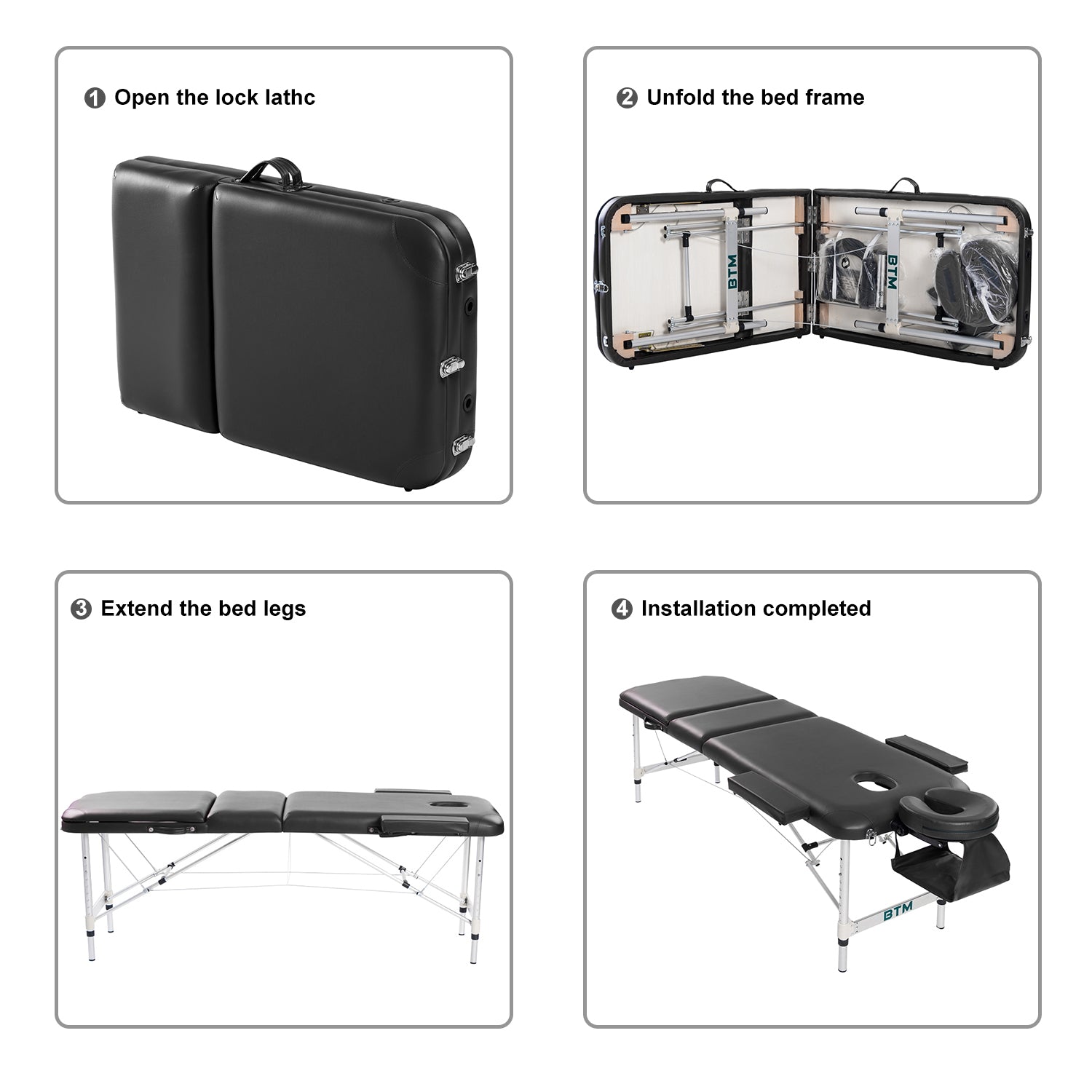 Massage Table Couch Bed Aluminium Tattoo Spa Reiki Portable Folded 3 Section with Premium PU Leather and 5 cm High Density Multi-Layer Foam Headrest Arm support and Carrying Bag Black
