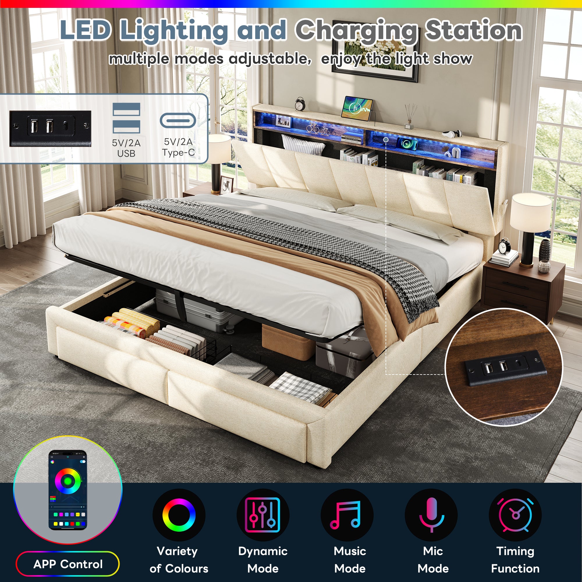 5ft King Upholstered Bed Frame with Hydraulic and Drawers Storage, LED Adjustable Headboard with Charging Station and Concealed Headboard Storage, Linen, No Box Spring Needed, Beige (No Mattress)