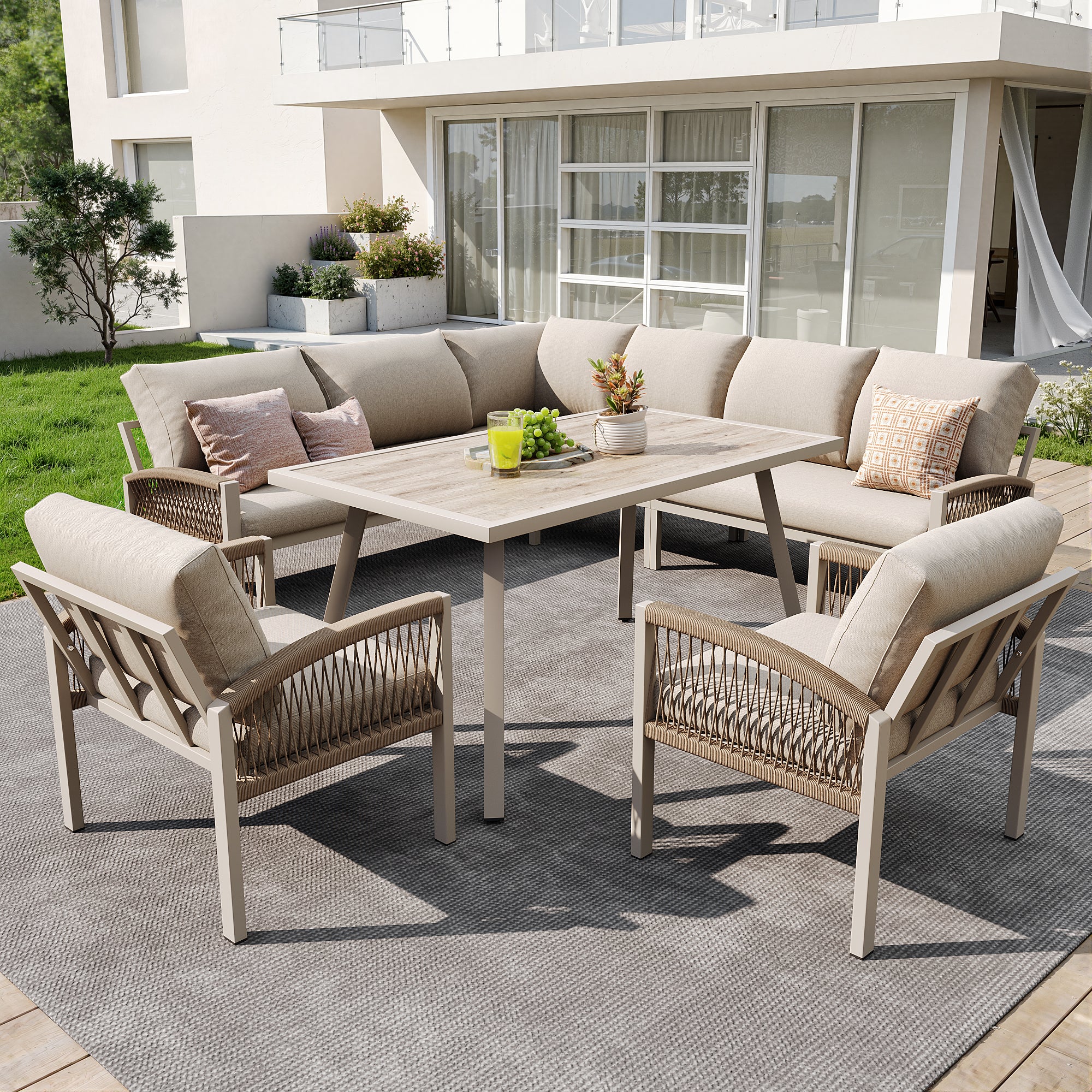 Garden Lounge Set, Furniture Set for 8 People, Ropework, Large Table with Wood Grain Finish, Galvanized Iron Frame, Adjustable Legs, All Seat and Back Cushions Included, Beige
