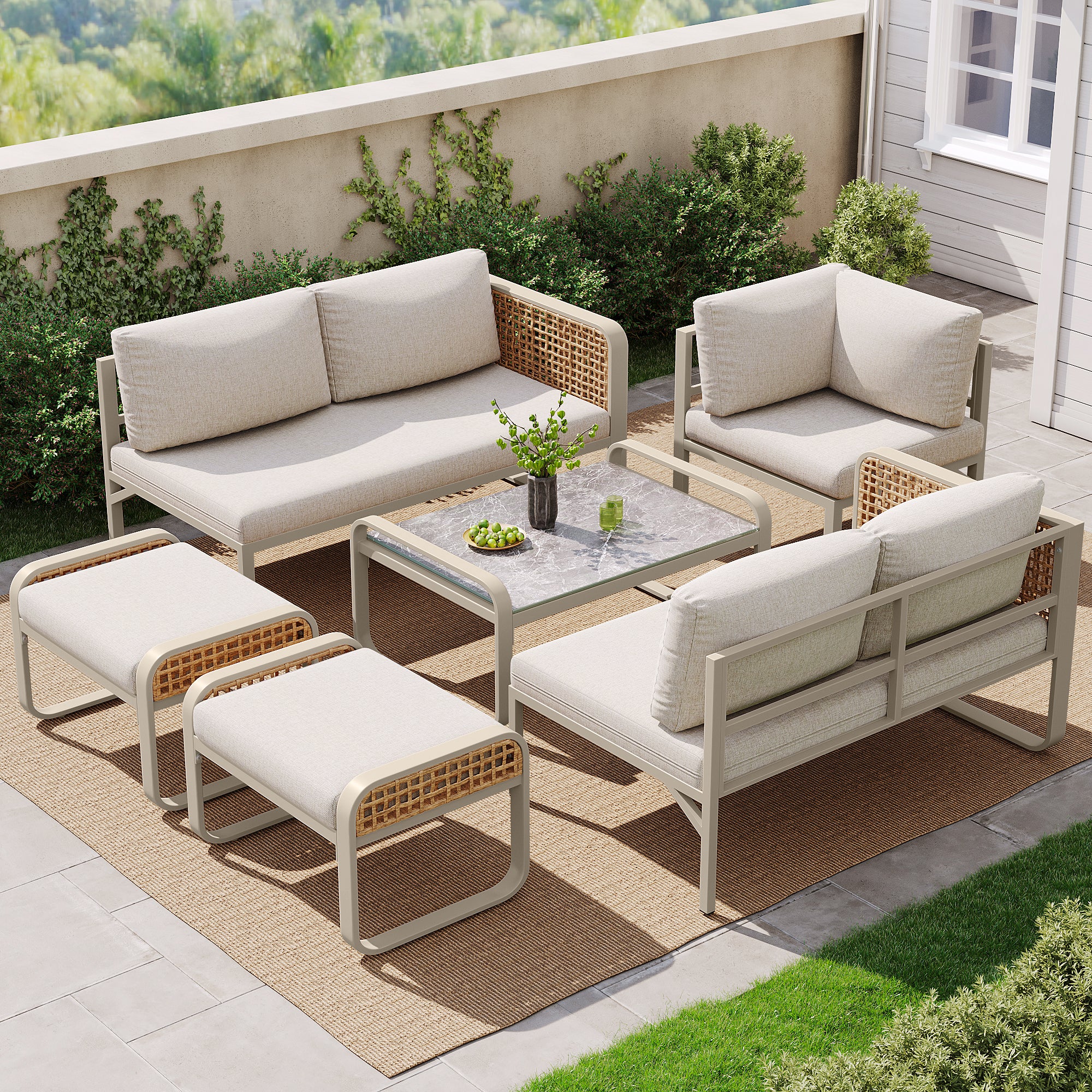 Outdoor garden lounge set, rattan furniture set for 6-7 people, corner sofa with galvanised iron frame, adjustable legs, includes all seat and back cushions, beige
