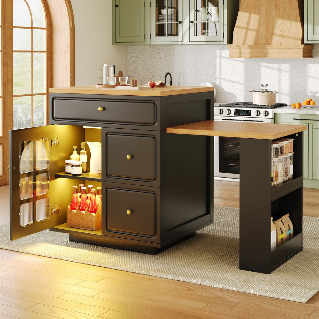 Extendable bar table with storage (122.5-195.5×70×93.5cm), with four drawers and curved glass door, kitchen island with extendable table, LED color light, for 2-6 people, kitchen dining cart with side
