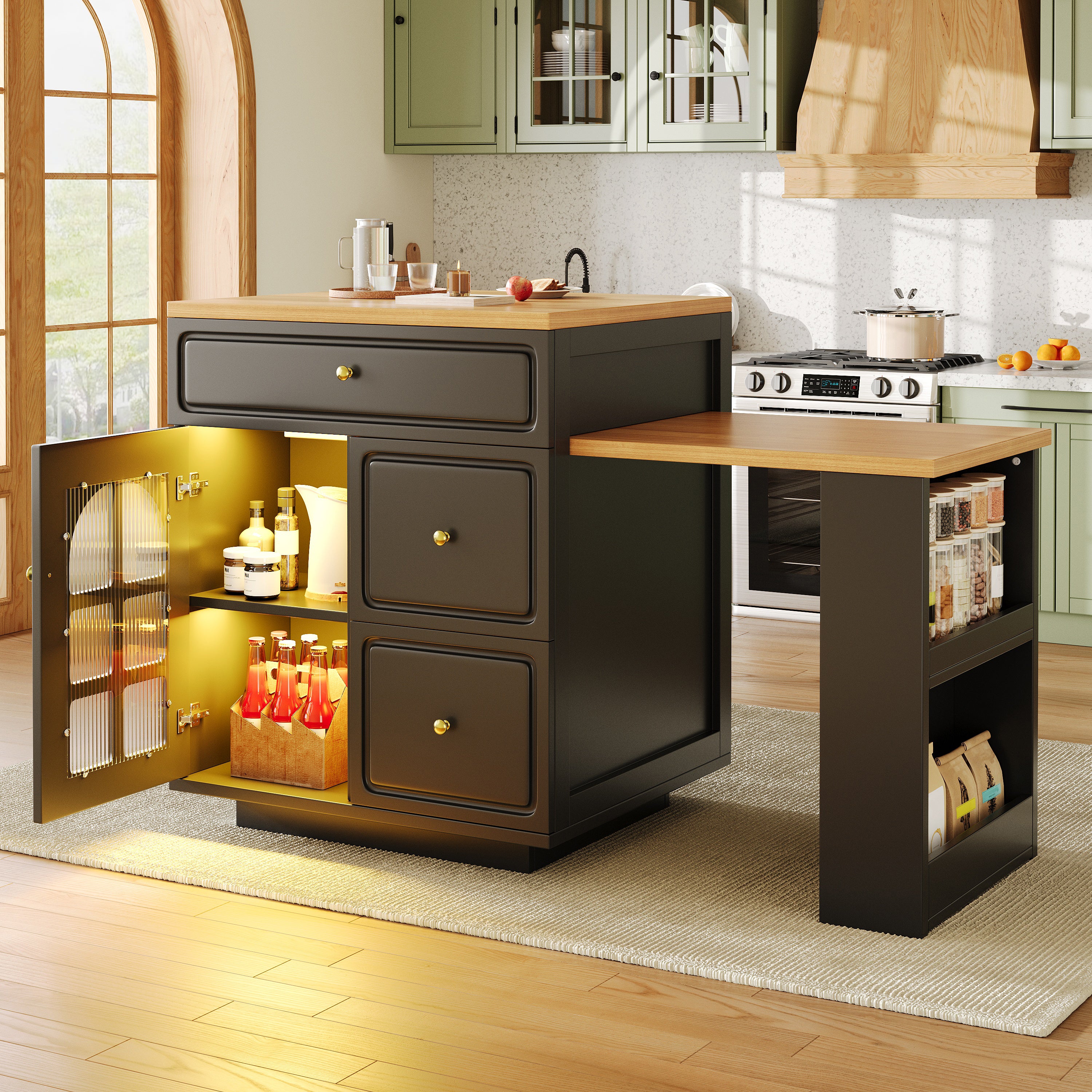 Extendable bar table with storage (122.5-195.5×70×93.5cm), with four drawers and curved glass door, kitchen island with extendable table, LED color light, for 2-6 people, kitchen dining cart with side